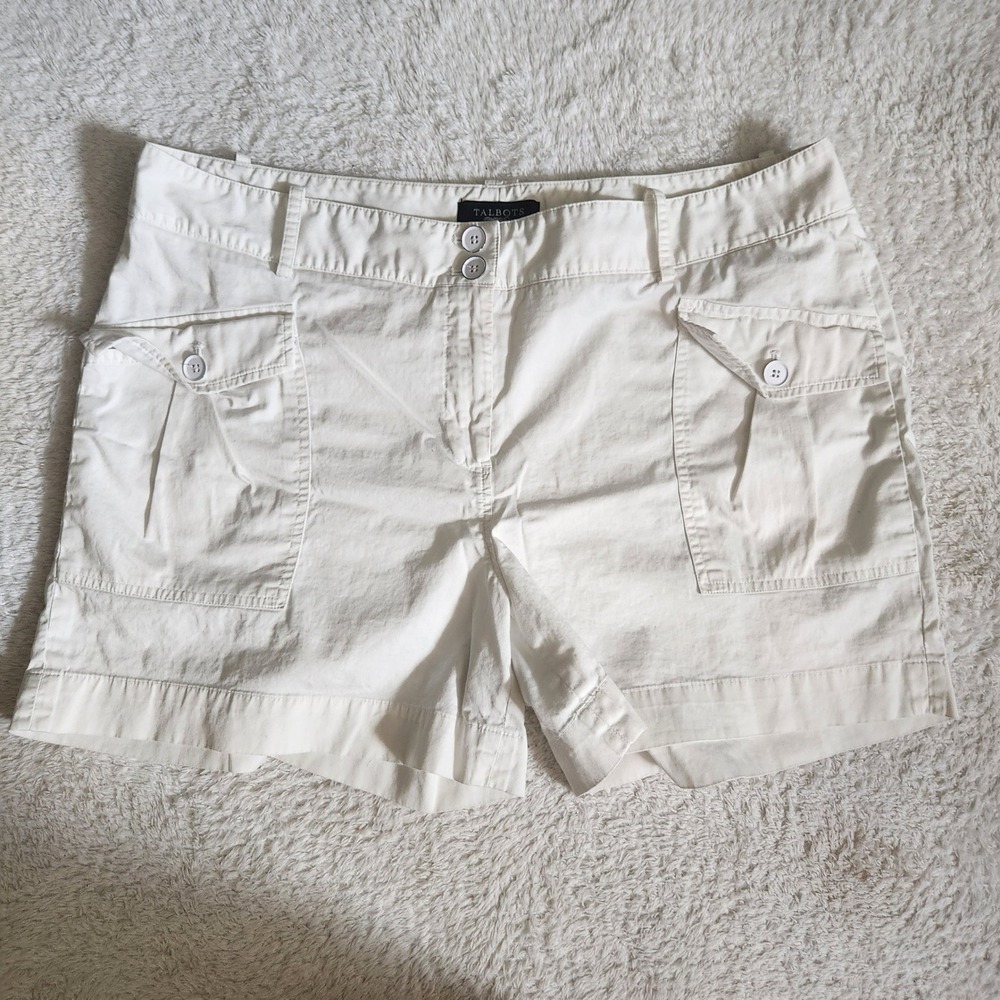 Talbots Womens White Cotton Cargo Utility Shorts Size 16 Double Button Pocket